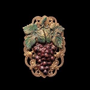 Vintage Studio 229 Brass Filigree Frame Grapevine Bunch of Red Grapes Brooch